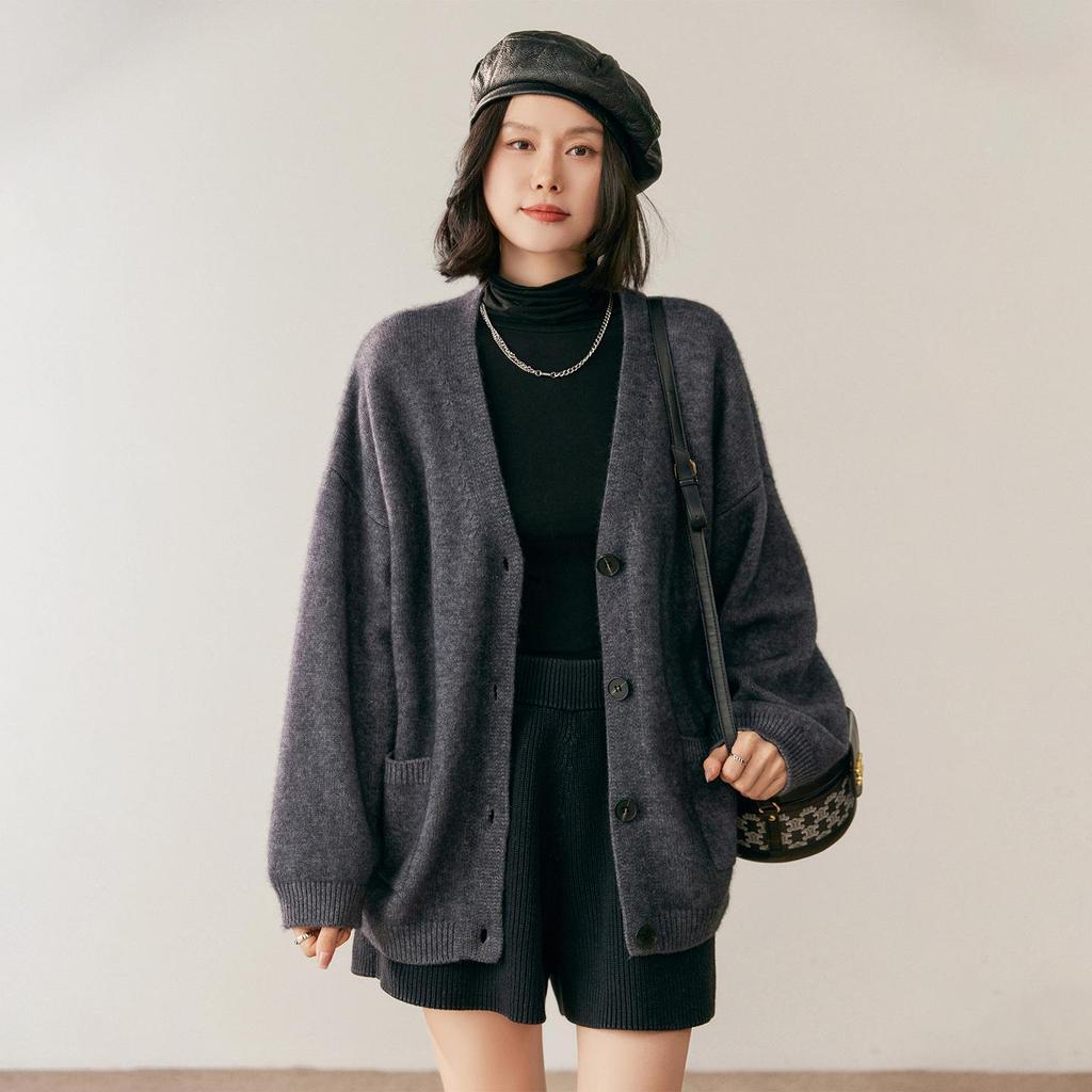 2026 Autumn/Winter Women's Oversized V-Neck Cashmere Cardigan Sweater