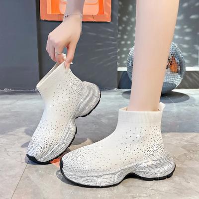 Fashion 5CM Rhine-diamond High-top Sports Shoes 2024 New Woven Elastic Sock Boots Sponge Soft Sole Breathable Casual Women's Shoes