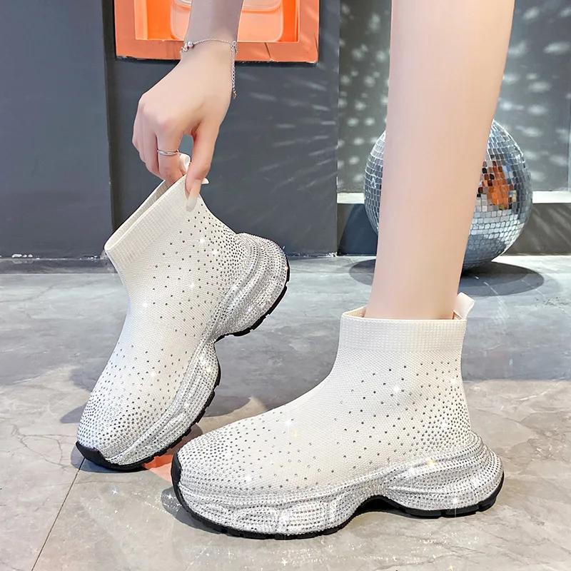 Fashion 2024 New Water Diamond High-top Sports Shoes for Women with Elastic Socks Boots and Spongy Breathable Casual Elevated Shoes