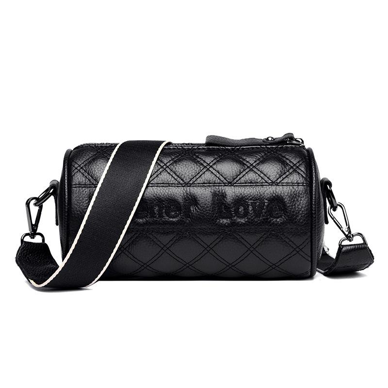 

Leather women s bag rhombus cylinder bag new trendy fashion embroidered thread shoulder messenger bag first layer cowhide pillow bag чорний