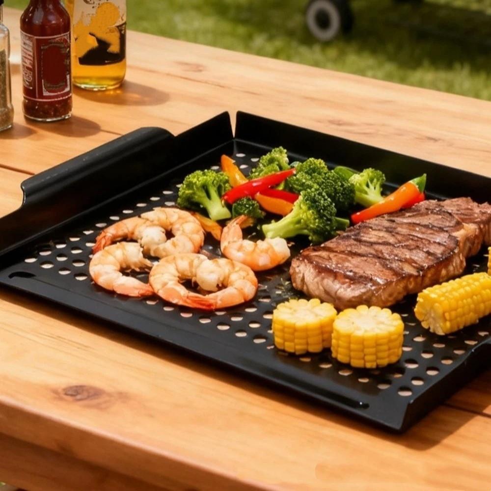 Non-Stick Coated Metal BBQ Pan Large Capacity Grill Basket Barbecue Grill Pan  Backyard BBQ