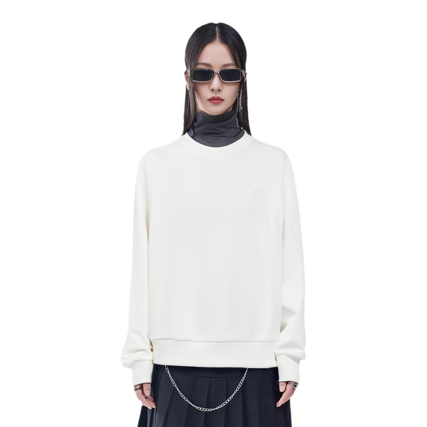 Li Ning Fitness Series Simple Solid Color Round Neck Pullover Sweatshirt Women Sweatshirt Champagne-White AWDU634-4
