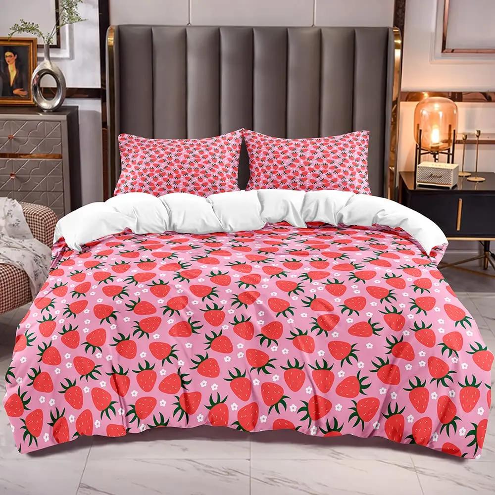 Sweet Strawberry Bedding Set Duvet Cover for Kids Children Teens Comforter Cover Bed Room Decor Pink Quilt Cover 3Pcs Full Size