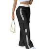 Ladies' Fashionable Side Striped Straight Leg Pants With Elastic Waist Pocket, Casual Sports Pants