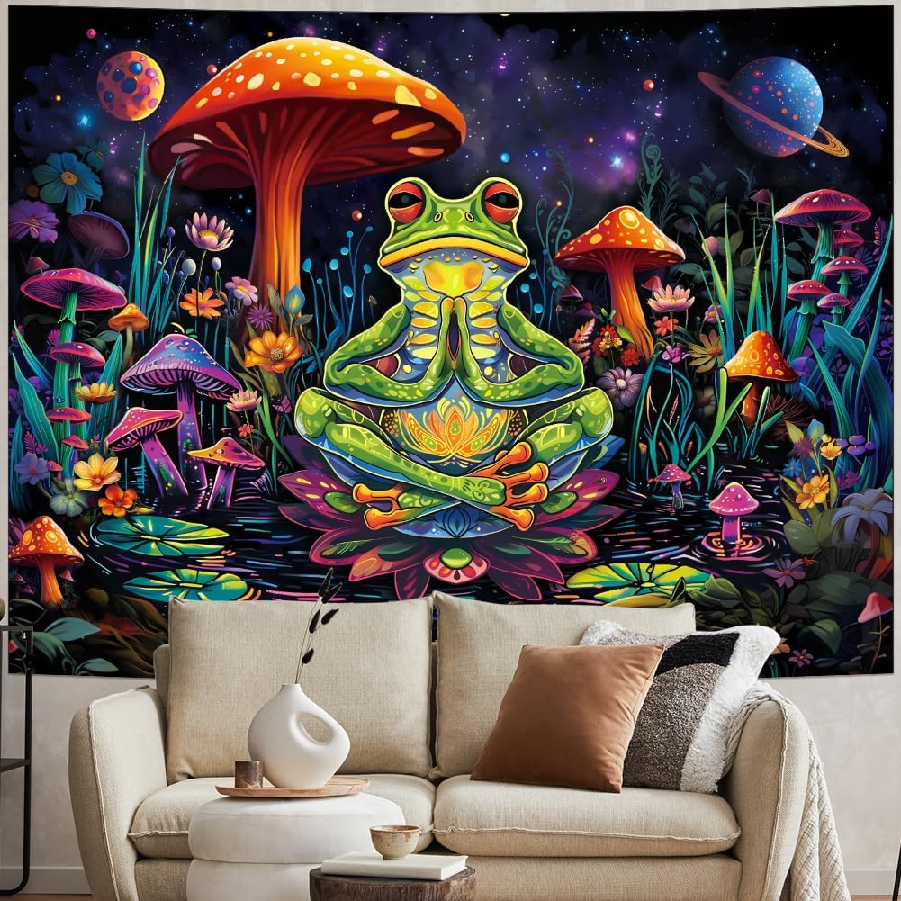 Frog Tapestry Hippie Mushroom Tapestry Galaxy Space Tapestries Colorful Plant Floral Wall Art Aesthetic Tapesties Wall Hanging