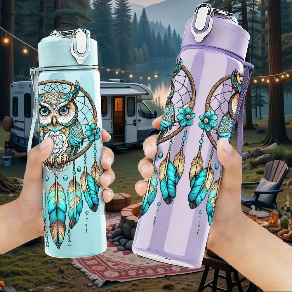 1PC Owl Bohemian Dreamcatcher Print 750ml Color Plastic Sports Water Bottle Leakproof Flip Straw Lid Suitable for Sports Office Home Use