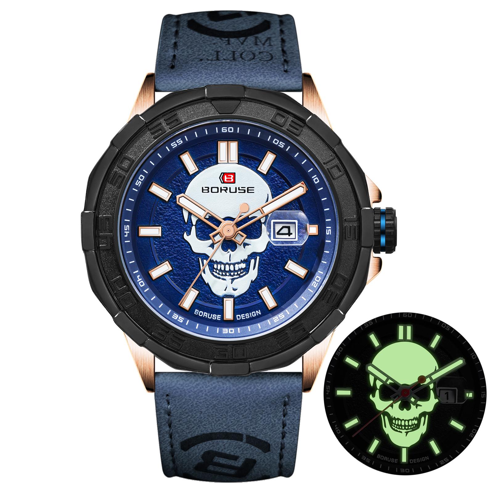 

BORUSE Skull Мужские часы Роскошные светящиеся в темноте мужские часы Мужские часы Кварцевые часы Светящиеся в темноте мужские часы Часы с силиконовым ремешком для мужчин синий