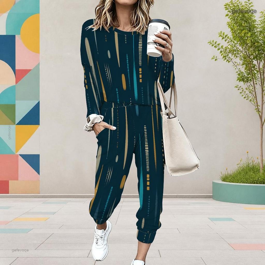 Women Plus Size Colorful Printed Round Neck Long Sleeve Cuffed Top And Pants Two Piece Set