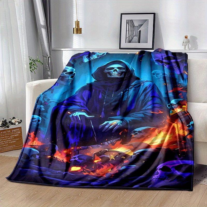 1pc Skeleton Printing Lightweight Flannel Blanket, Comfortable and Warm Blanket, for Camping Sofa Bed and Couch Office, in All Seasons