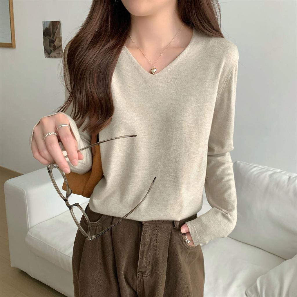 Powder Blue Elegant Solid V Neck Loose Slimming Versatile Long Sleeve Sweater Women Spring Minimalist Base Layer Top