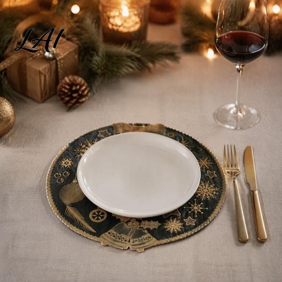 Holiday Dining Table Decor Round Christmas Placemat 15 Inch Waterproof Place Mat Heat Theme Resistant PVC Mat for Party Festive Setting Accessories