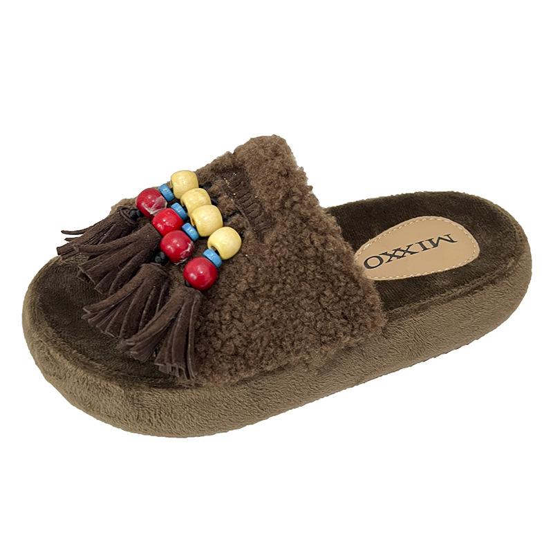 

Flat-bottomed slippers women s outer wear 2025 spring new retro popular fringed colorful beaded half slippers 40 коричневый