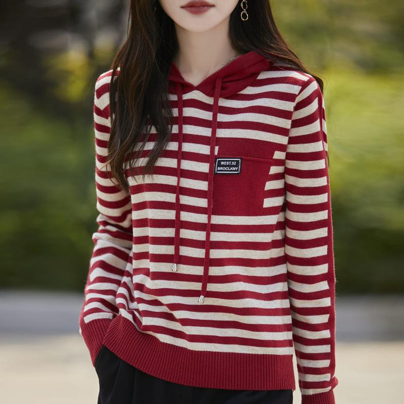 Striped Hooded Pullover Bottom Knitted Sweater Women's Jacket Sweater Loose Casual Fashion Reducing Top Hoodie Sweater