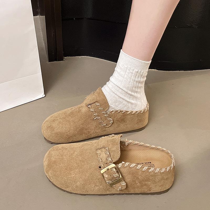 Korean version of niche platform Boken shoes 2025 autumn new outer wear bag head half drag women's belt buckle slippers