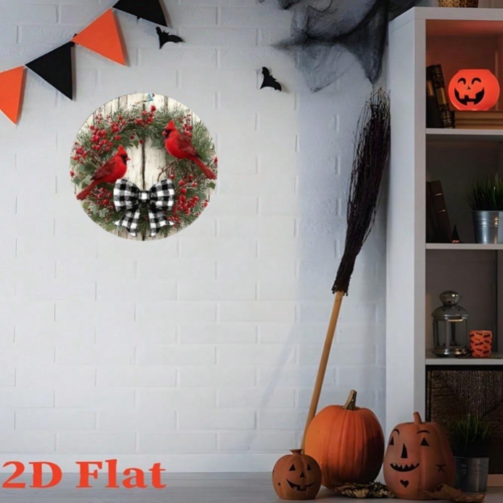 Christmas Wreath Metal Wall Art with Cardinal Birds and Bow