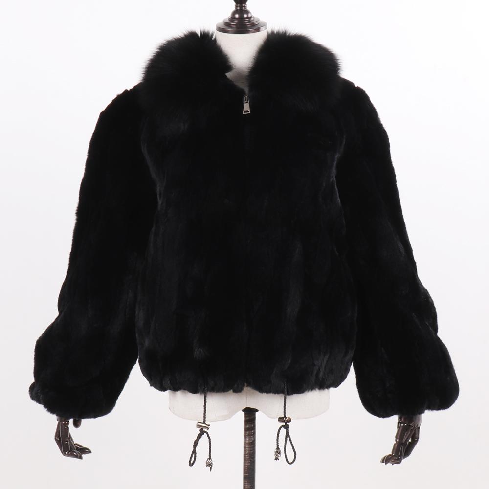 New Women Winter Thick Natural Real Rex Rabbit Fur Coat Lady Warm Quality 100% Genuine Rex Rabbit Fur Jacket With Fox Fur Collar