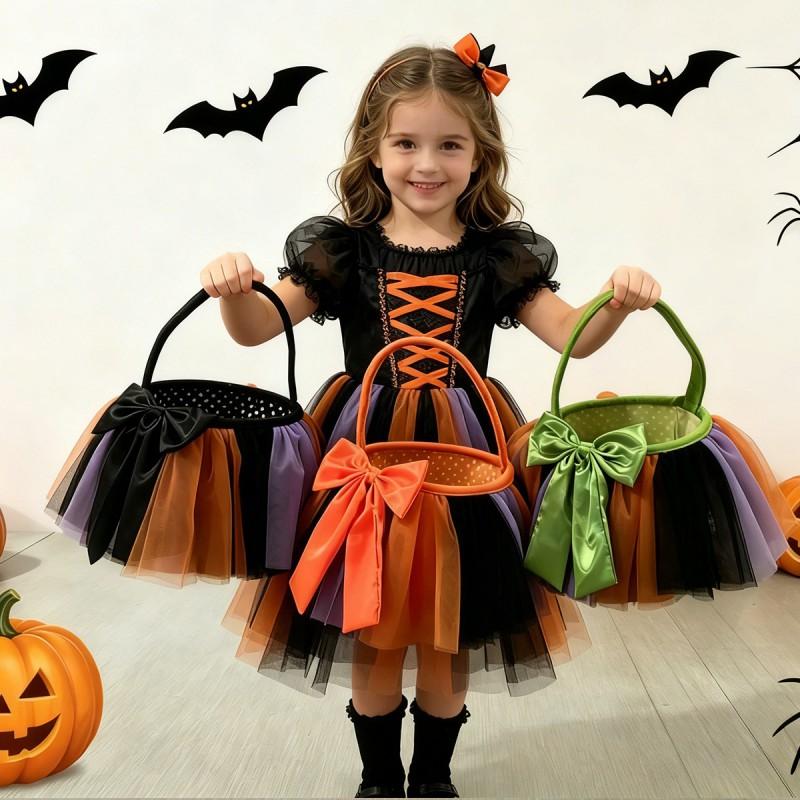 Halloween Basket Decorative Candy Bag With Tulle Bow Plush Horror Prop Party Favors Trick-or-Treat