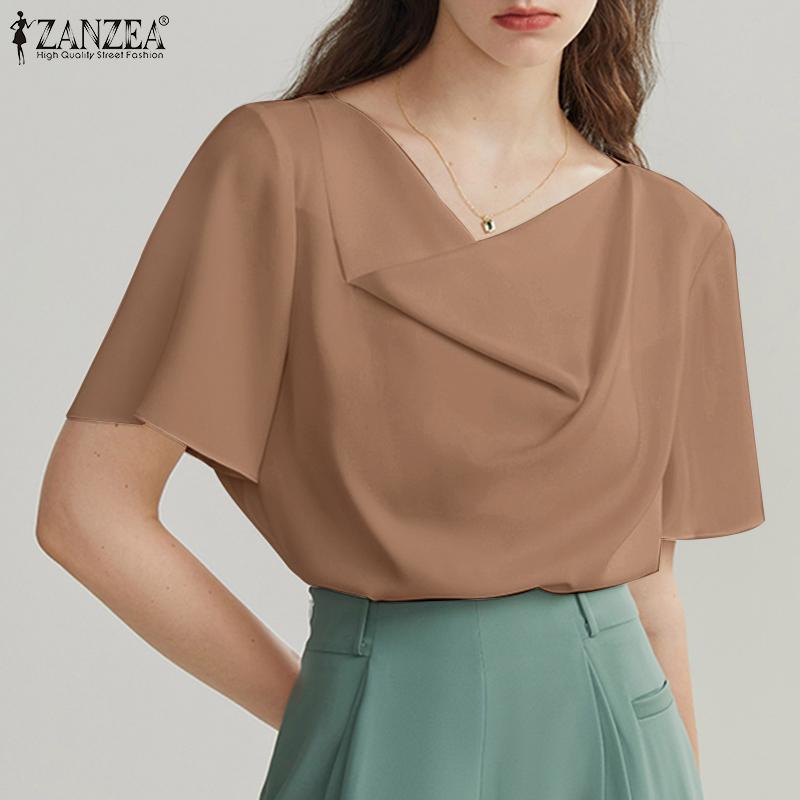 

ZANZEA Женская повседневная летняя блузка с короткими рукавами и воротником-стойкой