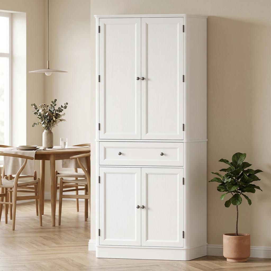 Küchenschrank mit 4 Türen, Schublade und verstellbaren Regalen für die Küche, 80 x 39,5 x 186,4 cm Weiß
