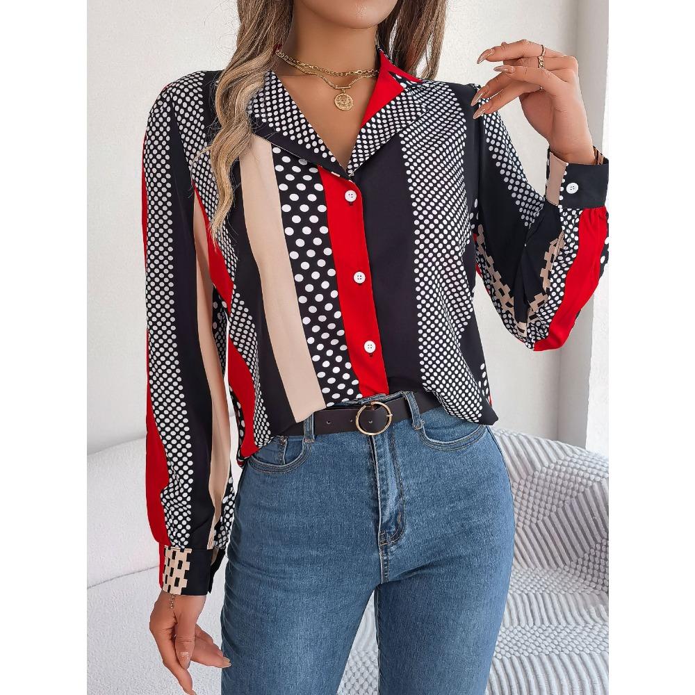 Primavera e verão temperamento de deslocamento contrastante polka dot terno colarinho camisa de manga comprida