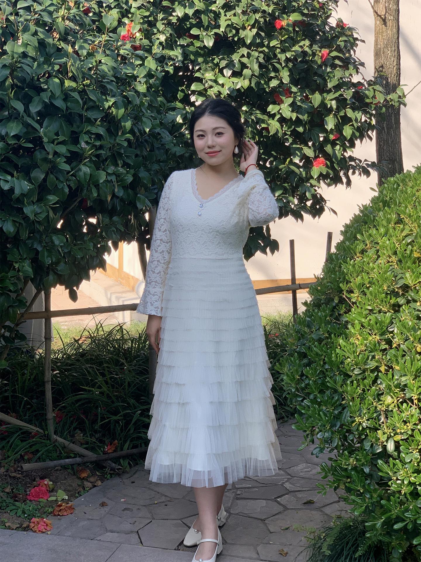 Elegant French Retro Lace Dress - Winter 2025 Plus Size, Mature Style 3XL абрикосовый
