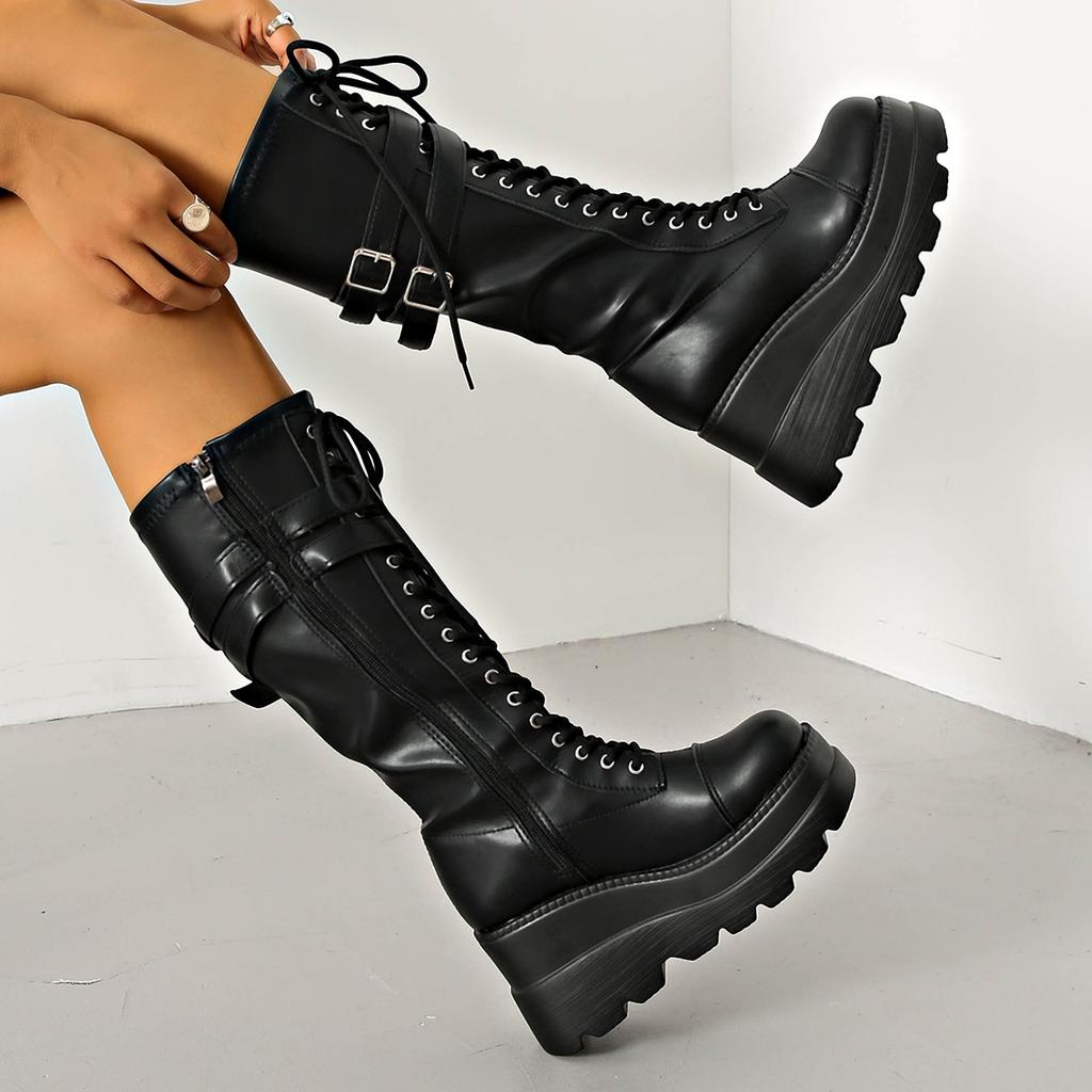 Belt buckle heel locomotive boots women's winter thick-soled large-size muffin punk high boots