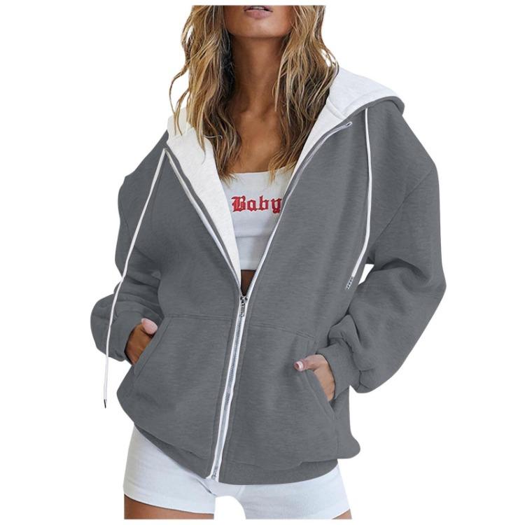 Women Casual Oversized Full Zip Hoodie, Contrast Liner Hooded Sweat Jacket, Soft Breathable Material Loose Outerwear with Pockets