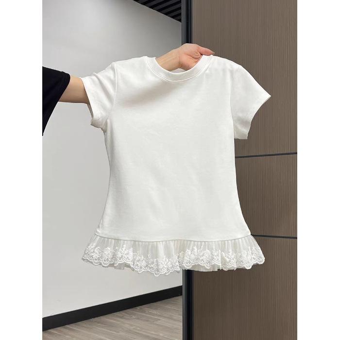 

Сладкая перчинка Кружевной топ с круглым вырезом и короткими рукавами Женский летний новый Чистое желание Наслоенный Внутренний низ Топ S белый