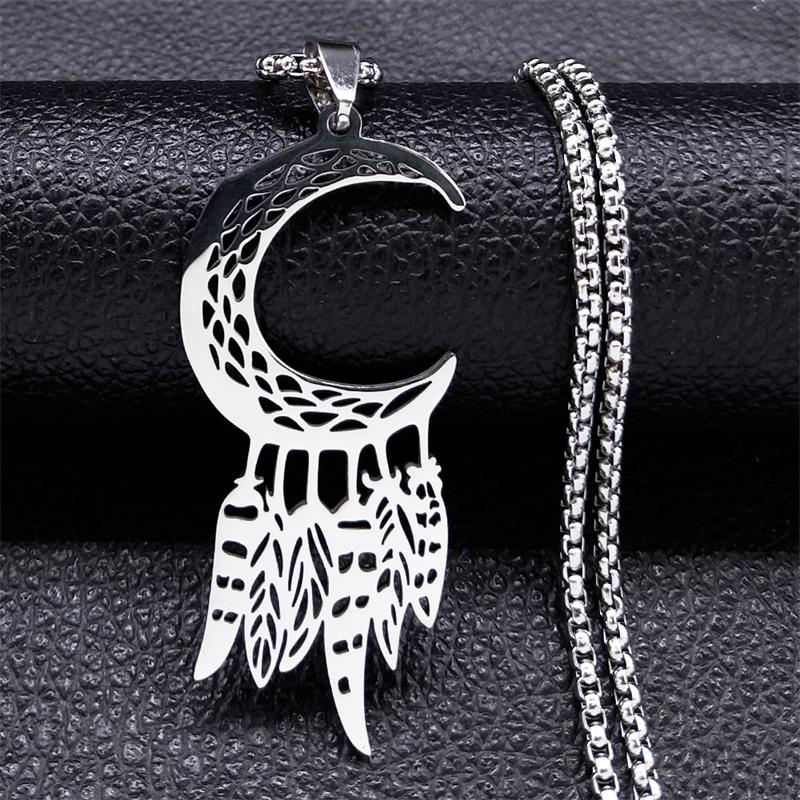 Boho Feather Pendant Male Necklace for Women Men Stainless Steel Silver Color Leaf Chain Jewelry Gift Collar Hombre N3393S01