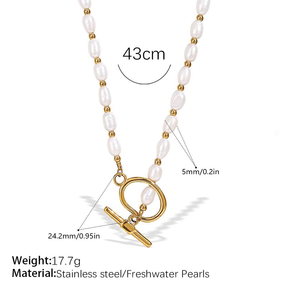 Stainless Steel Freshwater Pearl OT Buckle Necklace Bracelet Set Simple Gold Plated Necklace Bracelet