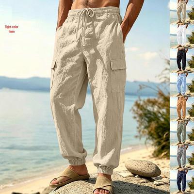 Calças Casuais de Linho Americano de Verão para Homem com Múltiplos Bolsos - Calças de Trabalho de Luxo para Exterior