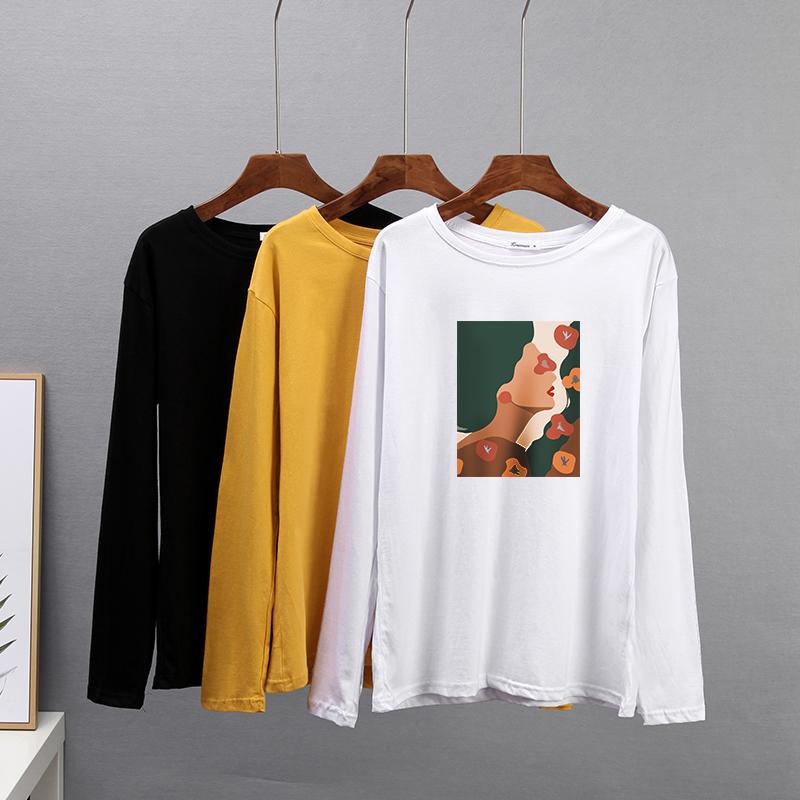 Tricou din bumbac cu mânecă lungă de primăvară Hirsionsan Tricou cu imprimeu estetică abstractă cu figurine pentru femeie pentru petrecere a timpului liber cu gâtul în formă de topuri simple