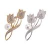 Women Brooch High-Gloss Rhinestone Inlay Imitation Pearl Decor Sparkling Tulip Design Lapel