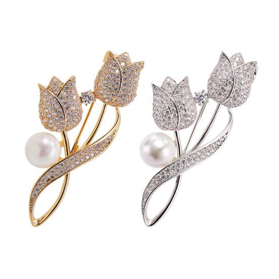 Women Brooch High-Gloss Rhinestone Inlay Imitation Pearl Decor Sparkling Tulip Design Lapel