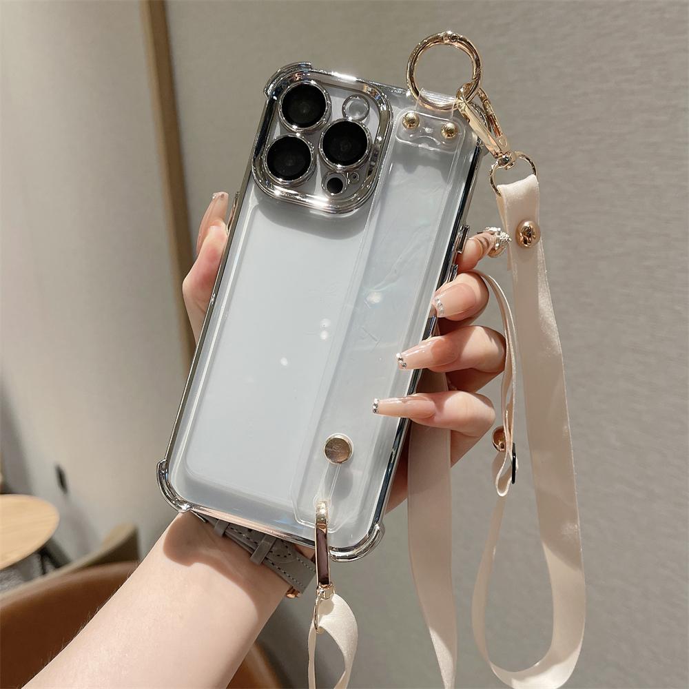 Luxury Plating Wristband Crossbody Lanyard Clear Hard Case For iPhone 16 15 14 Pro Max 13 12 11 XS X XR Transparent Soft Cover