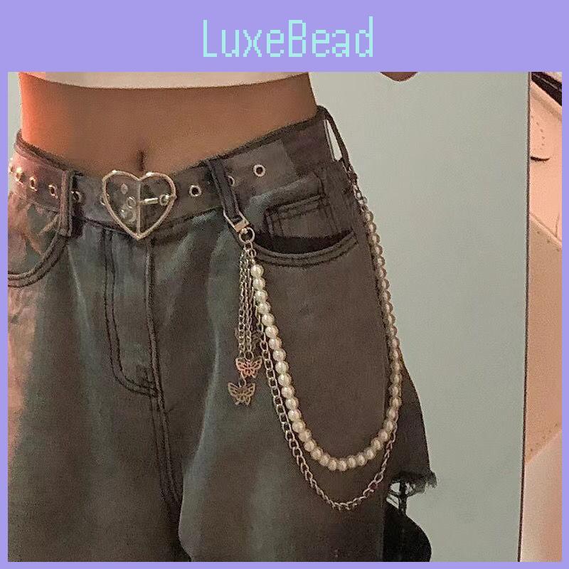 Stylish Transparent Heart Double Row Waist Belt Accessory For Denim Jeans And Outfits With Butterfly Pearl Decoration