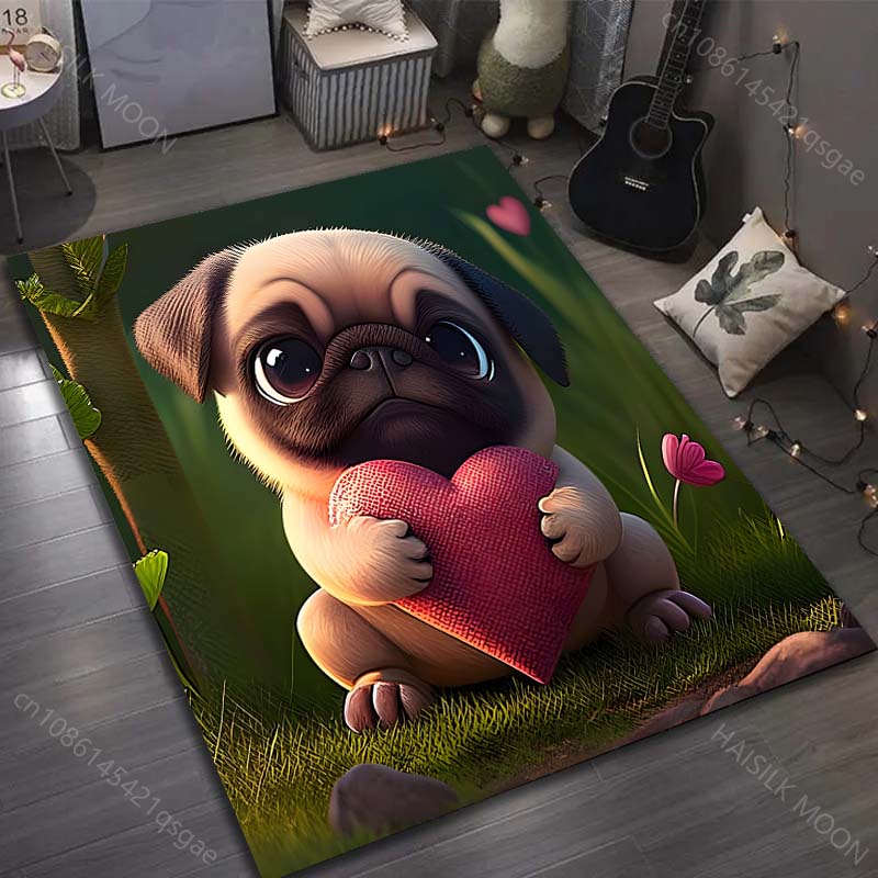 17 Stile Niedlicher Mops-Druck Teppich für Wohnzimmer Schlafzimmer Sofa Fußmatte Heimdekor Bereichsteppich Rutschfeste Bodenmatte Große Größe