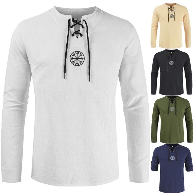 Stylish Medieval Men's Long Sleeve Lace Up Solid Color Retro Cosplay Costume T-shirt