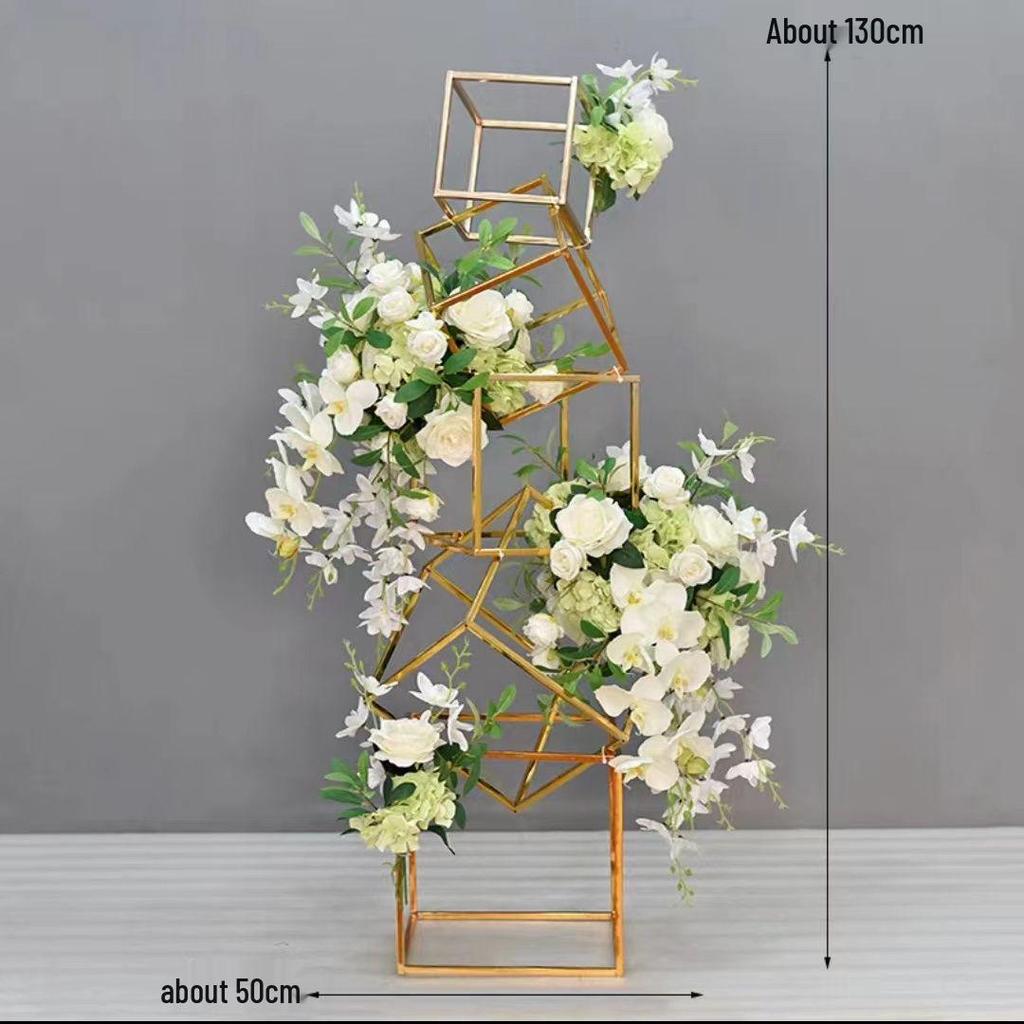 Geometric Gold Flower Wedding Aisle Runner & Artificial Flowers Display