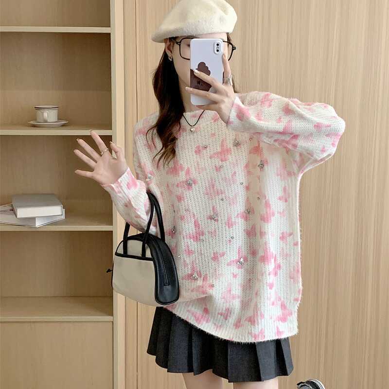 Autumn Women Solid Sweaters Knitting Basic Fashion O-Neck Style Pink Loose Pullover Sweater