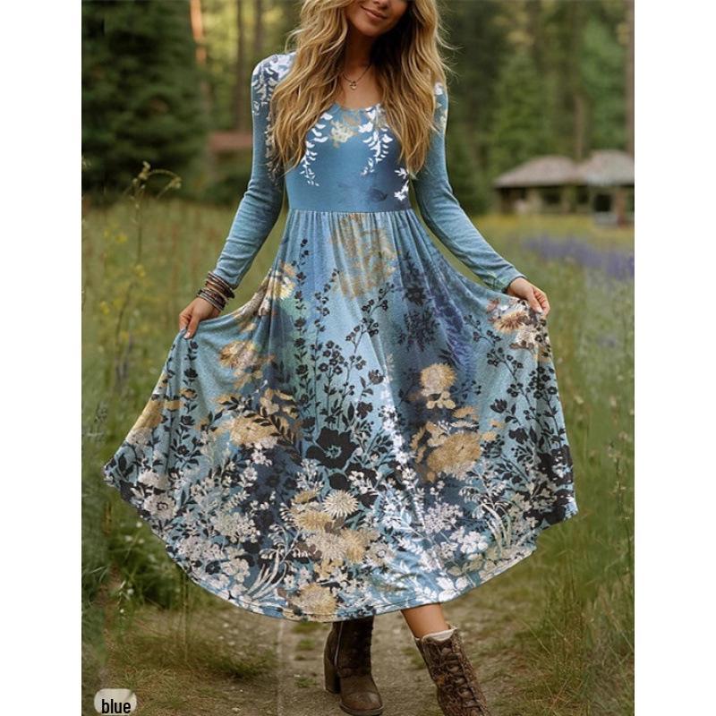 2025 Autumn Floral Print Midi Dress - Women s Round Neck Long Sleeve Fashion 5XL