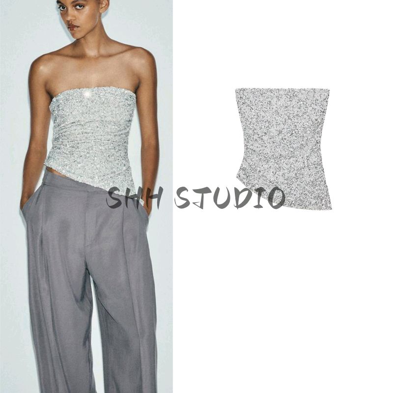 Summer New Arrival Women clothes Pleat Trim Straight Collar off-the-Shoulder Sequin Applique Detail Tube Top Top 1014802