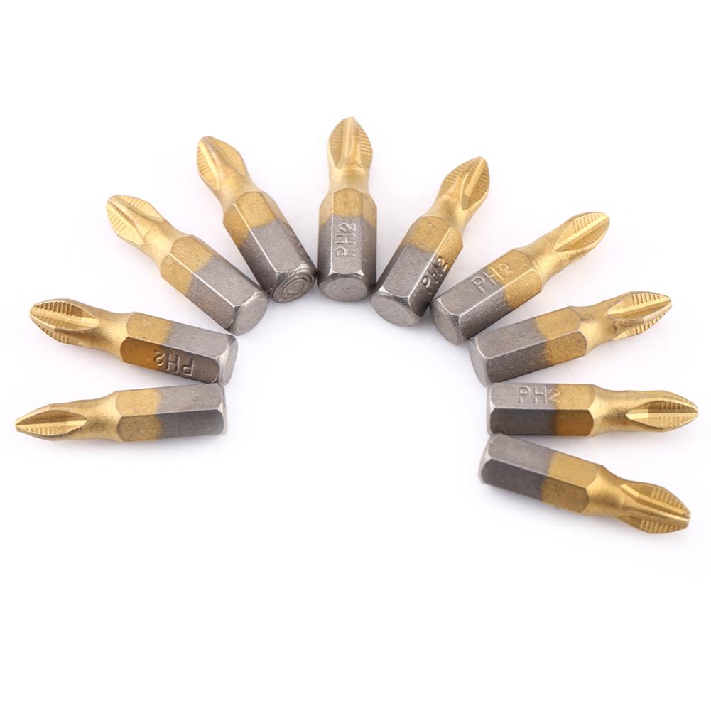 10 Pcs Titanium Coated 1 4 Hex Shank 25mm Length PH2 Antislip Magnetic S2 Screwdriver Bits Set