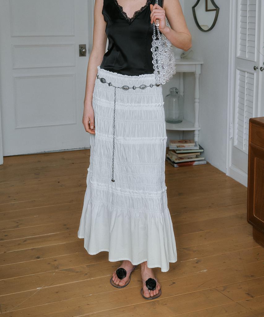 Green Butter Shirring Long Skirt (Ivory)