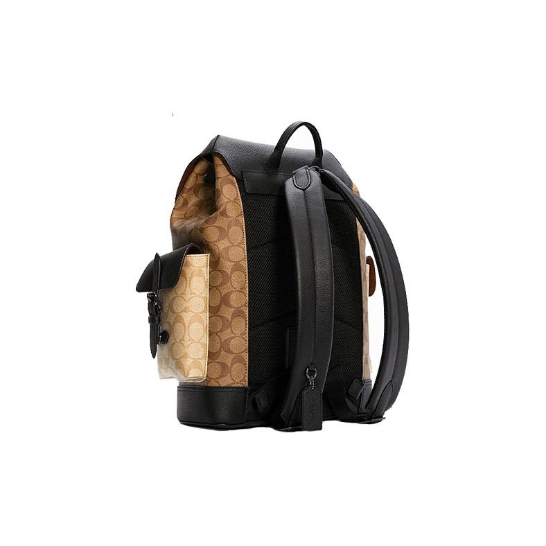 Coach Hudson 26 Classic Monogram Color Block Flap Large Capacity Canvas And Leather Backpack Men Backpacks Khaki-Brown Black C6081-QBT5K