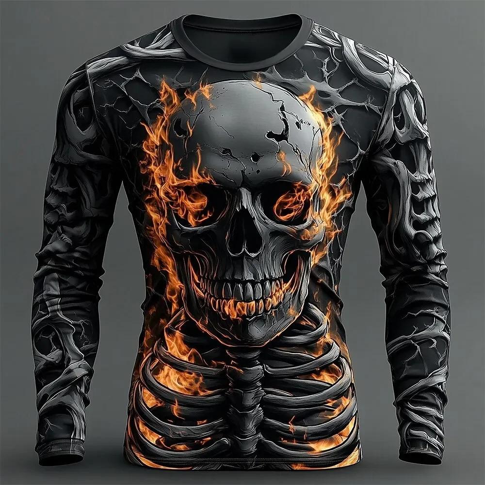 Funny Bones 3D Digital Printed Men's Fashion Trend Round Neck Long Sleeved T-shirt