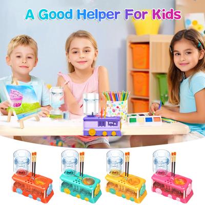 Paintbrush Cleaner with Paint Tray Water Circulation Brush Rinser with Brush Holder 400ml Water Bottle Train Design Paint Brush Cleaning Tool Gift for