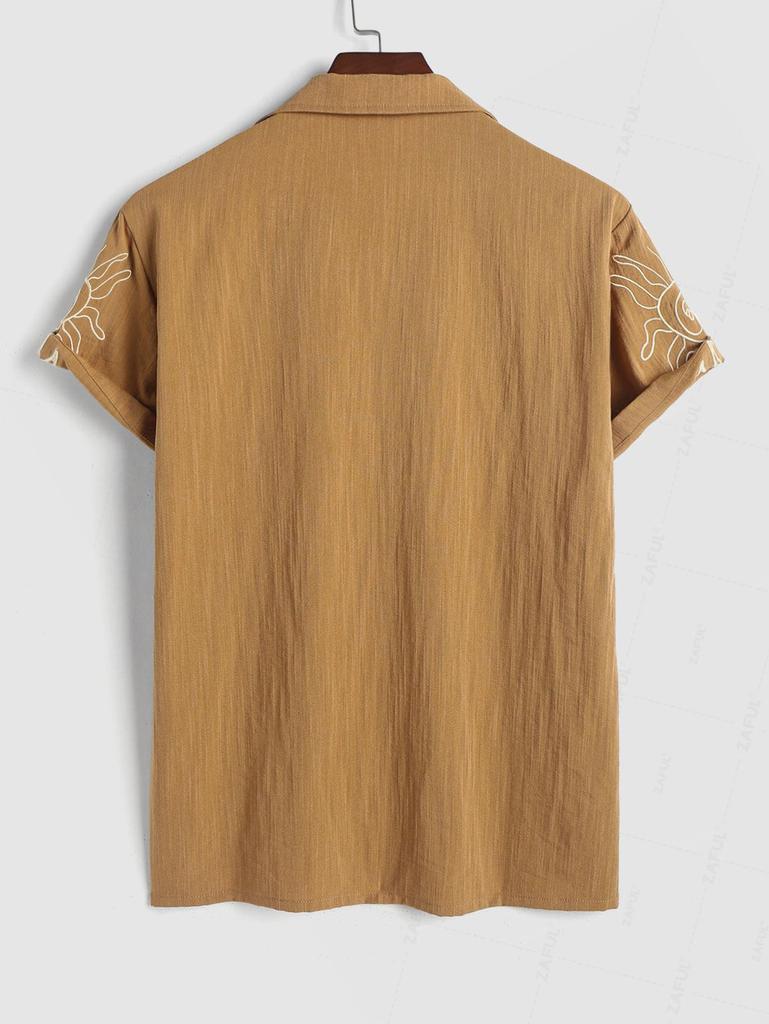 ZAFUL Men's Flower Plant Abstract Embroidery Lapel Collar Short Sleeves Vacation Shirt