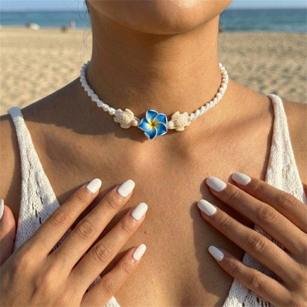Bohemian Beach Beaded Choker Necklace for Women Hawaiian Pink Yellow Hawaiian Flower Pearl Necklaces Summer Vacation Jewelry