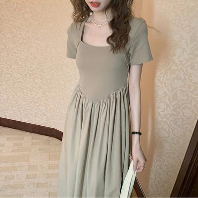 Square Collar High Waist Temperament Dress Slightly Fat Summer New Korean Medium and Long Skirt